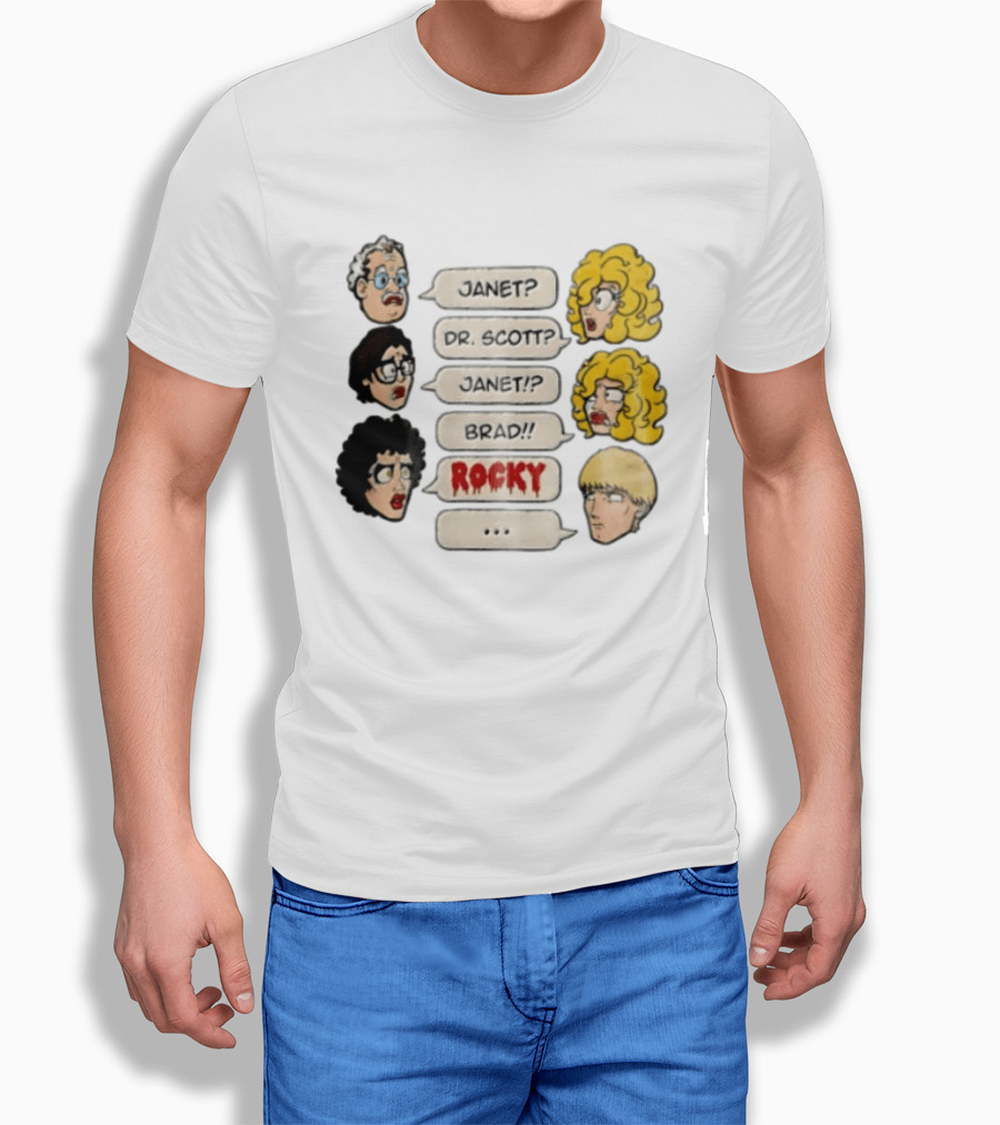 Janet Dr Scott Brad Rocky Horror Picture Show Speech Bubbles Cartoon Heads Dialogue T-Shirt