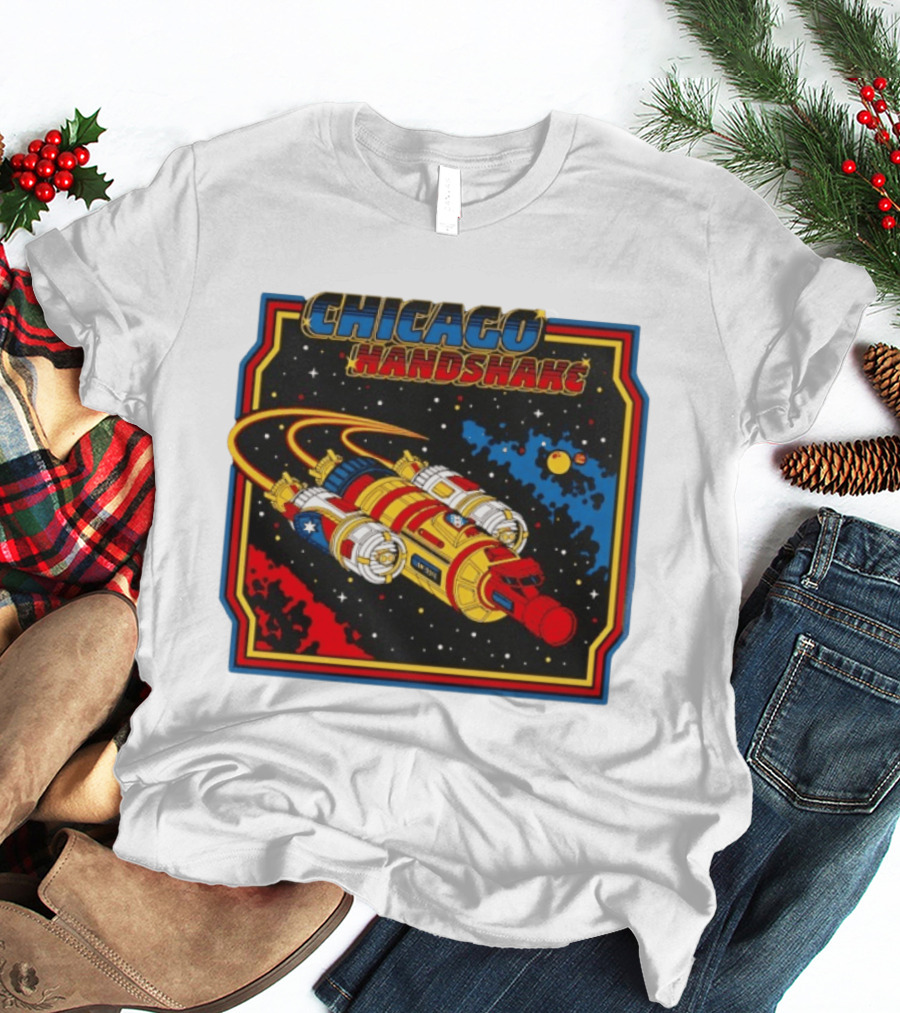 Chicago Handshake Spaceship Malort Old Lager Retro Sci Fi Space Adventure T-Shirt