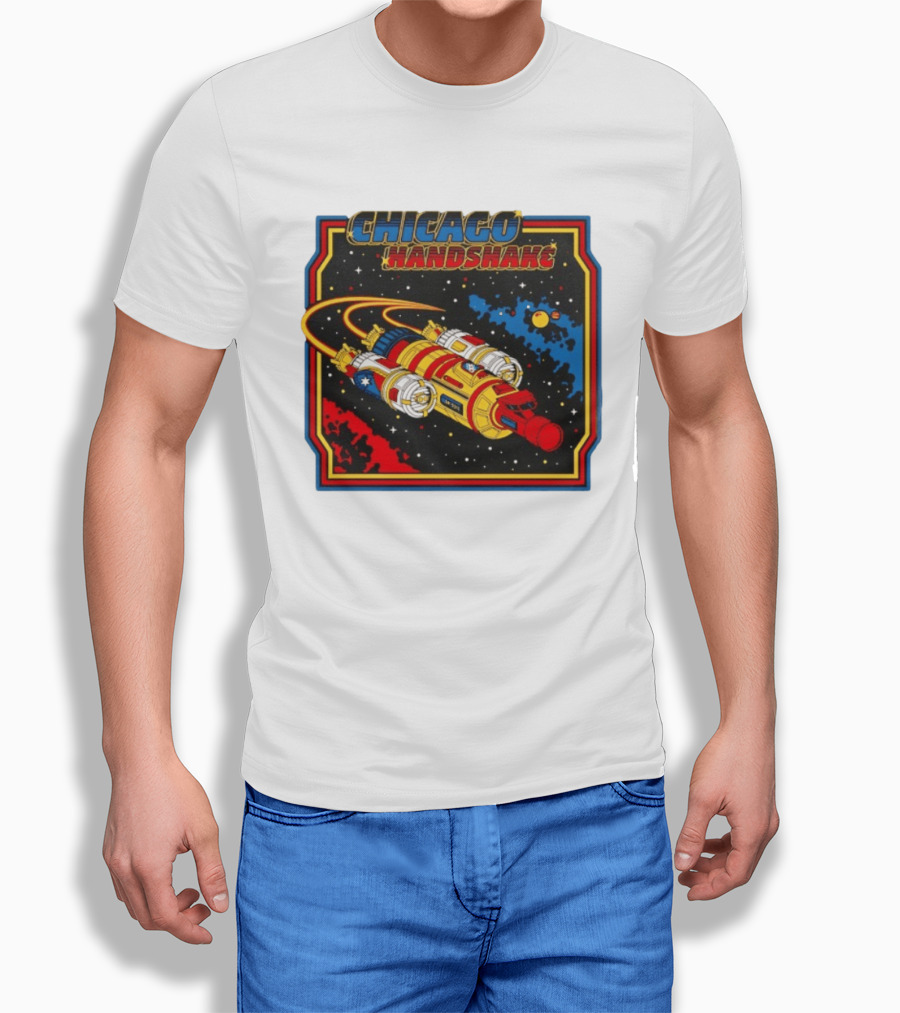 Chicago Handshake Spaceship Malort Old Lager Retro Sci Fi Space Adventure T-Shirt