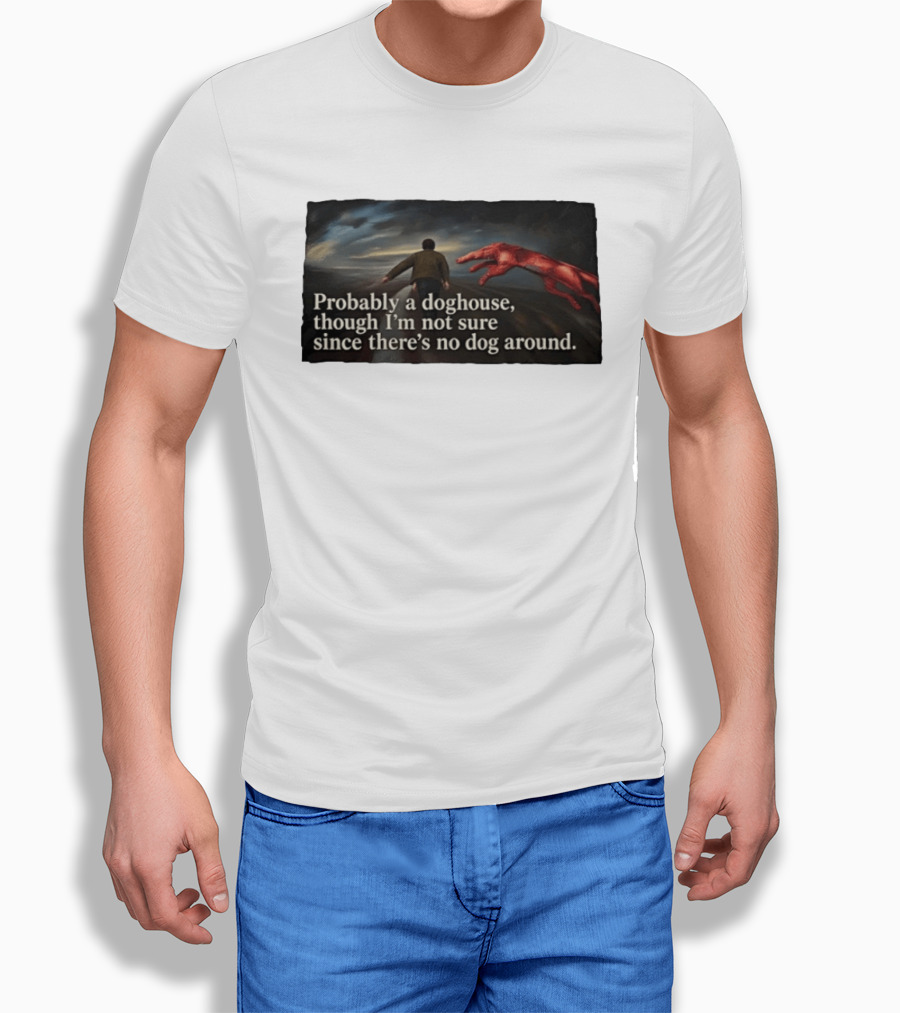 Probably A Doghouse Though I'm Not Sure Since There's No Dog Around Surreal Landscape With Figure And Red Creature T-Shirt