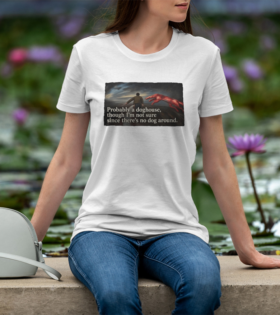Probably A Doghouse Though I'm Not Sure Since There's No Dog Around Surreal Landscape With Figure And Red Creature T-Shirt