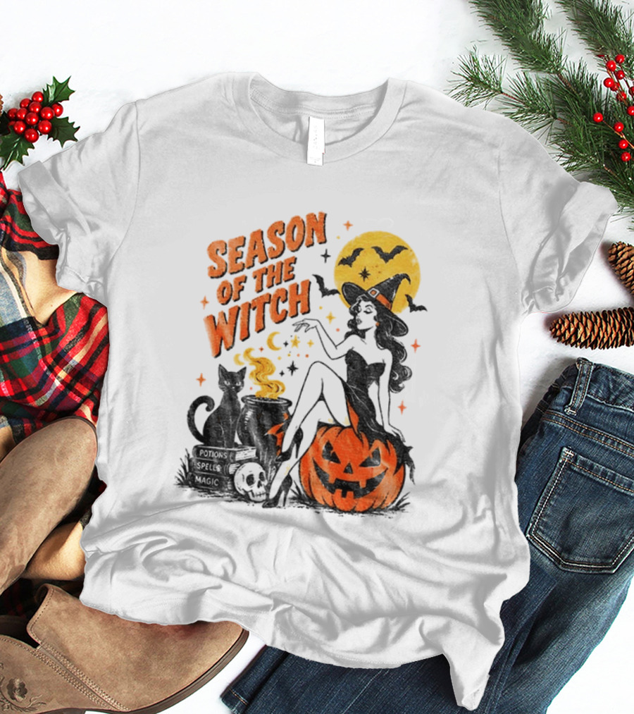 Season Of The Witch Halloween Spooky Season Full Moon Pumpkin Black Cat Bat T-Shirt