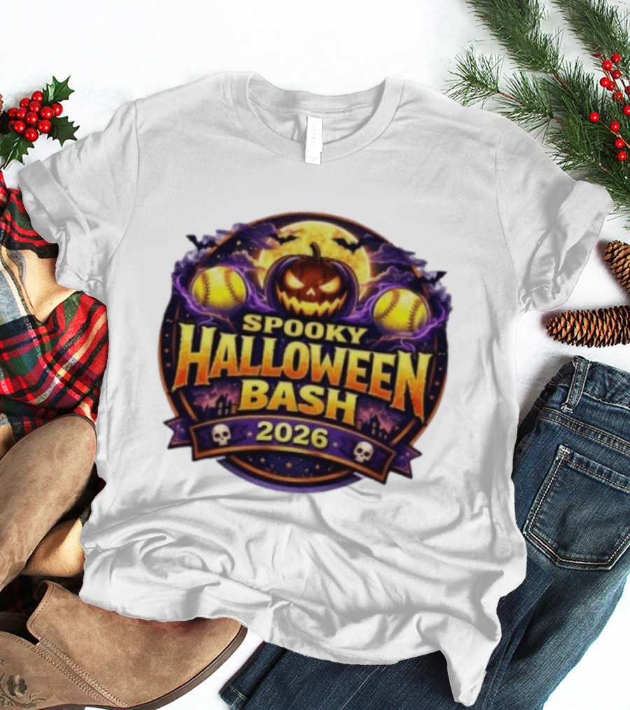 Spooky Halloween Bash 2026 Pumpkin Moonlit Baseball Skulls T-Shirt