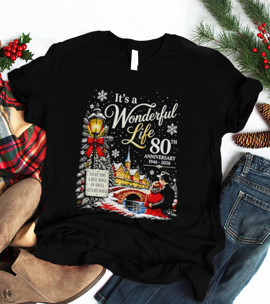 It's A Wonderful Life 80th Anniversary 1946 2026 Christmas Village Scene Snowflakes Lantern T-Shirt