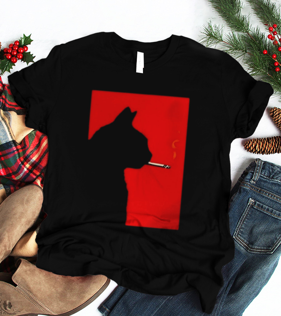 Black Cat Silhouette With Cigarette On Red T-Shirt