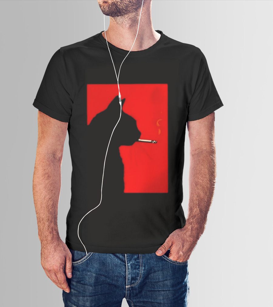 Black Cat Silhouette With Cigarette On Red T-Shirt