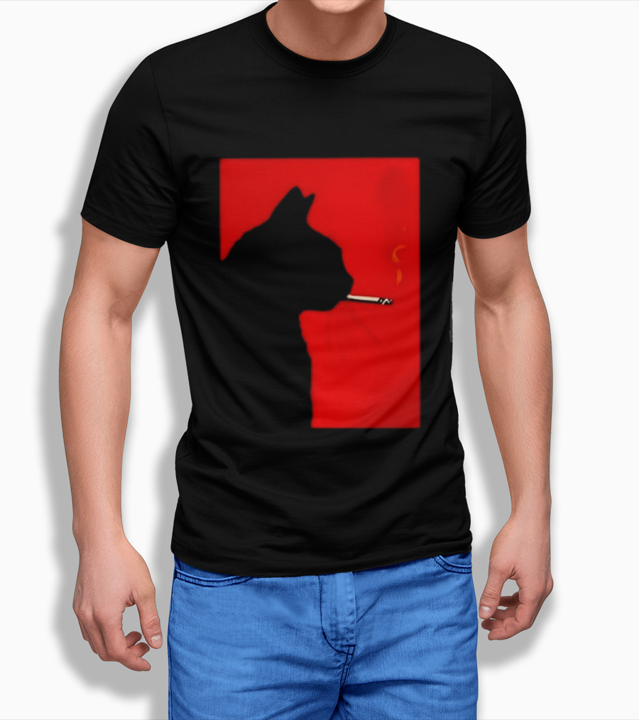 Black Cat Silhouette With Cigarette On Red T-Shirt