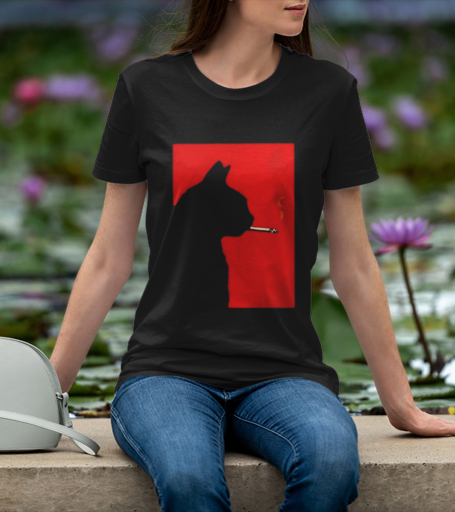 Black Cat Silhouette With Cigarette On Red T-Shirt