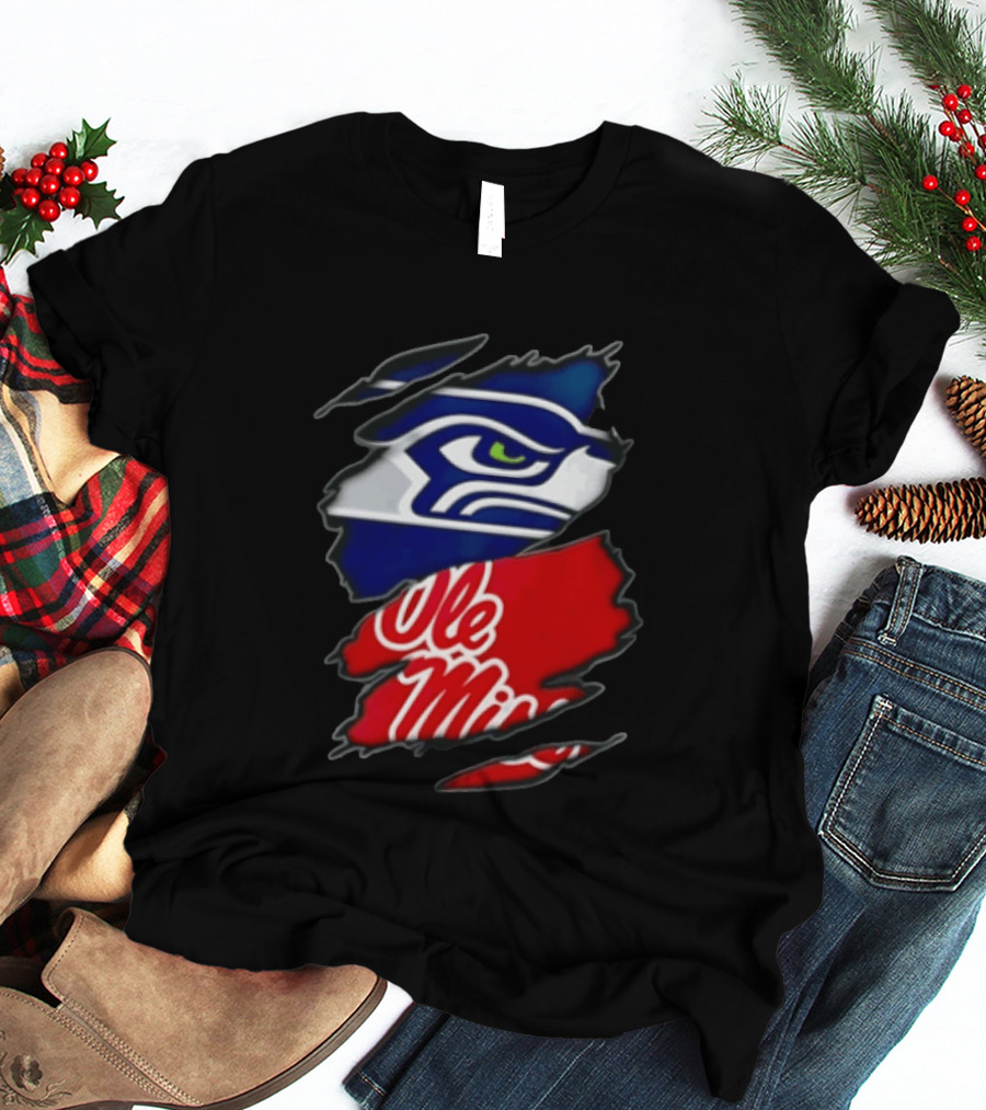 Seattle Seahawks Ole Miss Rebels Ripped Fabric Reveal T-Shirt