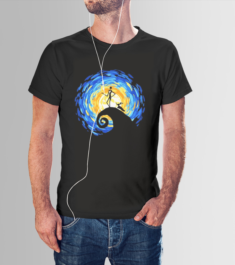 Jack Skellington Zero Halloween Starry Night Scene Inspired By Van Gogh T-Shirt