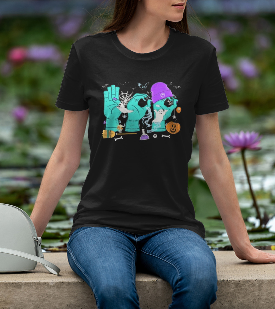 Boo ASL SPED Halloween 2026 Ghost Hands Pumpkin Broomstick Hat Bat Cobweb T-Shirt
