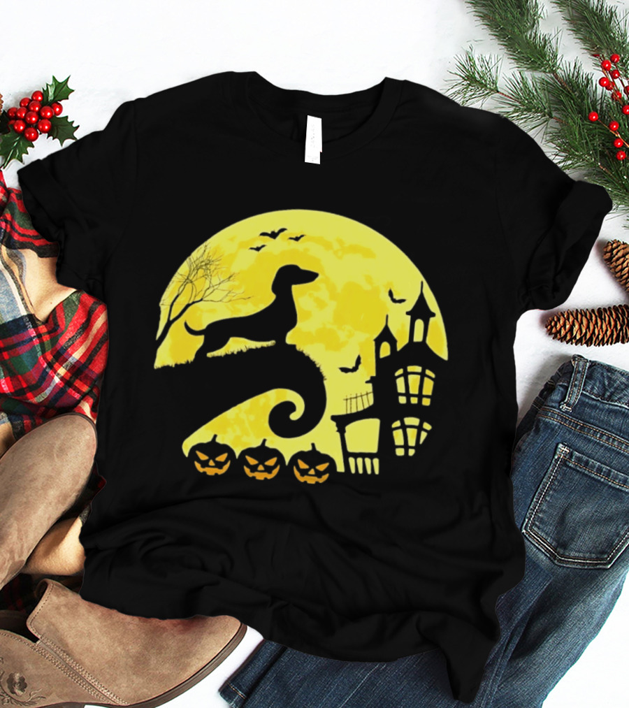 Dachshund Halloween Moon Spooky Night With Pumpkins T-Shirt