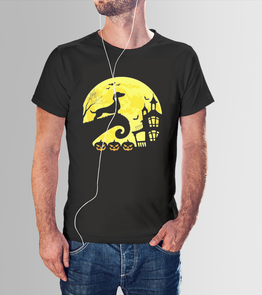 Dachshund Halloween Moon Spooky Night With Pumpkins T-Shirt