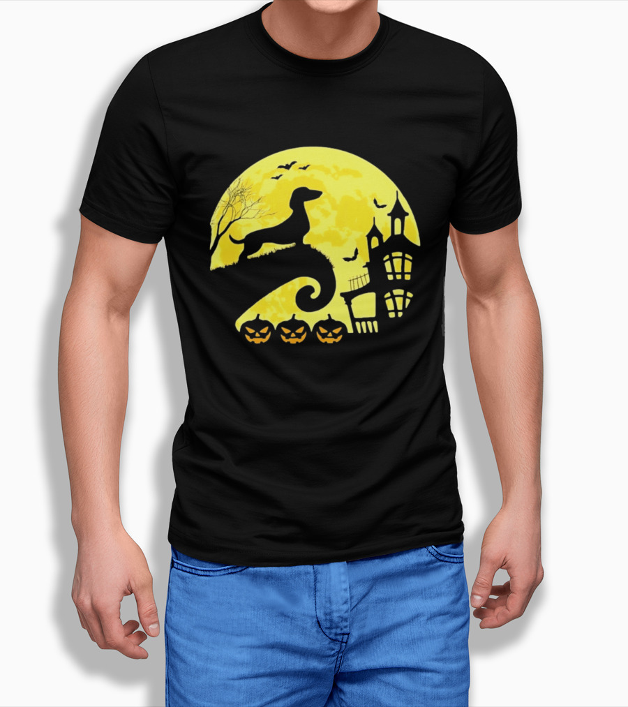 Dachshund Halloween Moon Spooky Night With Pumpkins T-Shirt