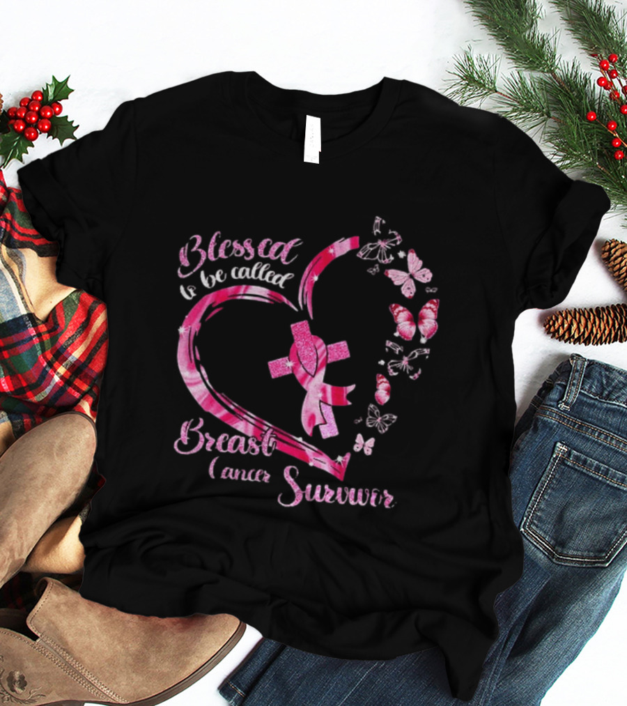 Blessed To Be Called Breast Cancer Survivor Pink Butterfly Ribbon Heart T-Shirt