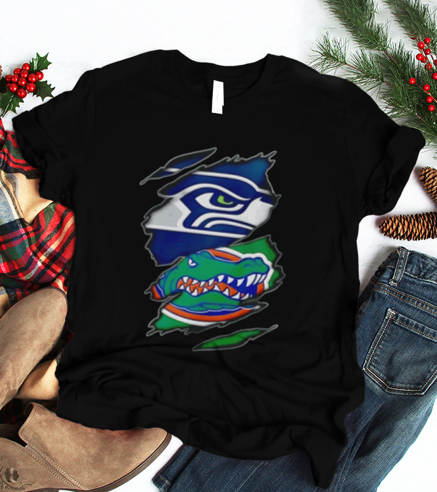 Seattle Seahawks Florida Gators Ripped Fabric Effect Sports Logos T-Shirt