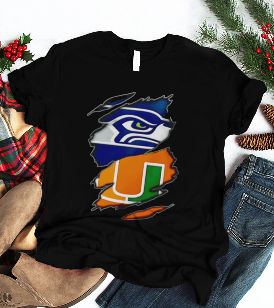 Seattle Seahawks Miami Hurricanes Torn Fabric Reveal Team Logos T-Shirt