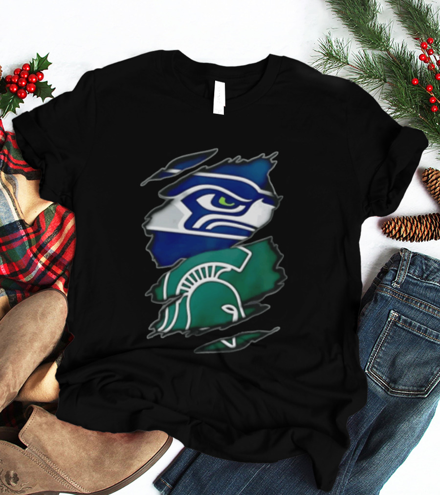 Seattle Seahawks Michigan State Spartans Torn Fabric Reveal Sports Logos T-Shirt