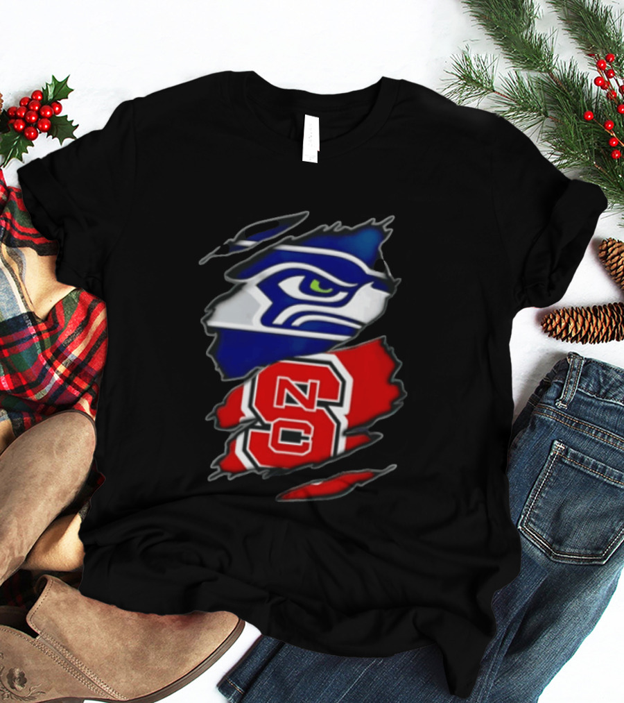 Seattle Seahawks North Carolina State Wolfpack Torn Fabric NFL NCAA Team T-Shirt