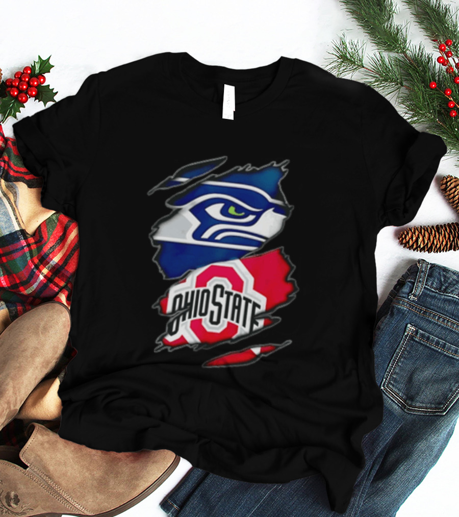 Seattle Seahawks Ohio State Buckeyes Torn Fabric Effect Team Logos T-Shirt