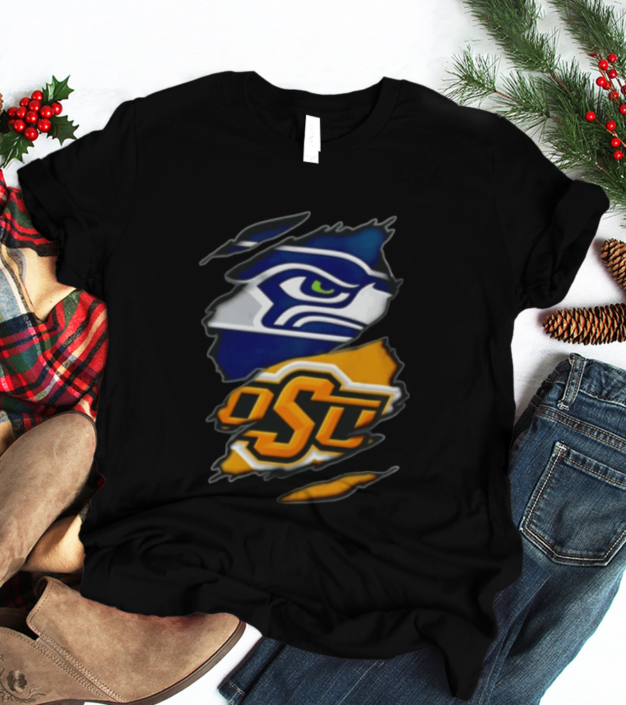 Seattle Seahawks Oklahoma State Cowboys Torn Fabric Reveal Sports T-Shirt