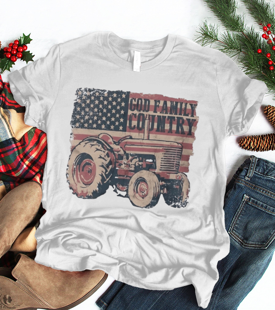 American Flag God Family Country Tractor T-Shirt