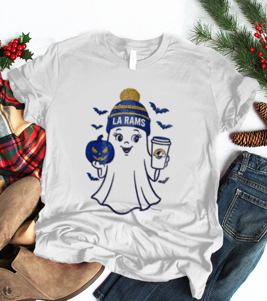 Los Angeles Rams Beanie Ghost Holding Pumpkin And Coffee Halloween T-Shirt