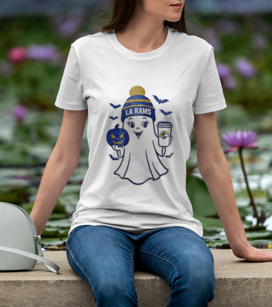 Los Angeles Rams Beanie Ghost Holding Pumpkin And Coffee Halloween T-Shirt