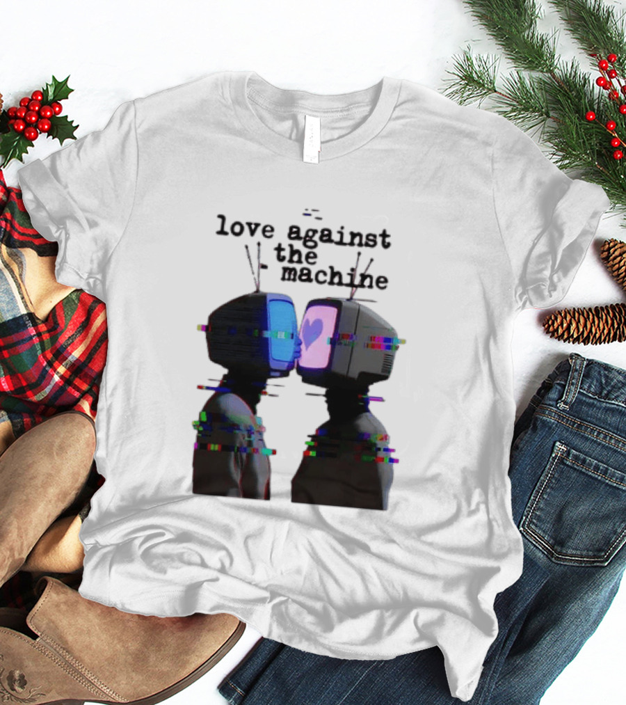 Love Against The Machine Two Television Heads Kissing Glitch Heart T-Shirt