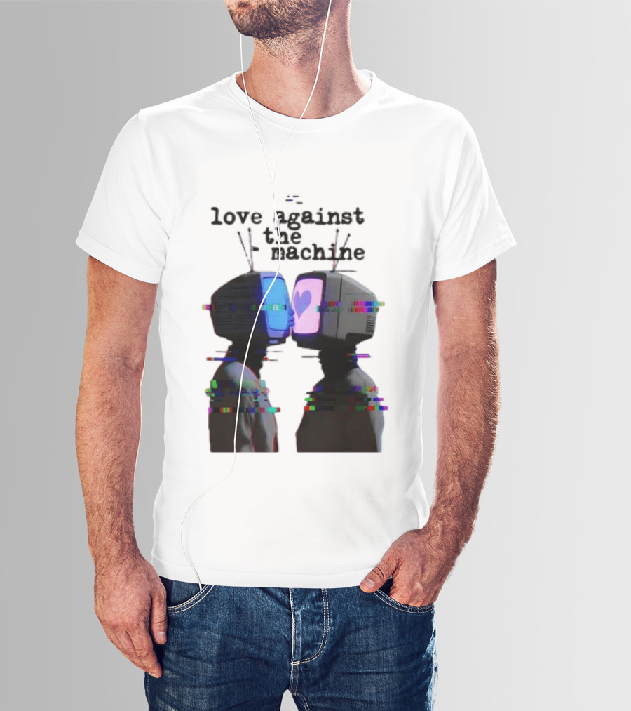 Love Against The Machine Two Television Heads Kissing Glitch Heart T-Shirt