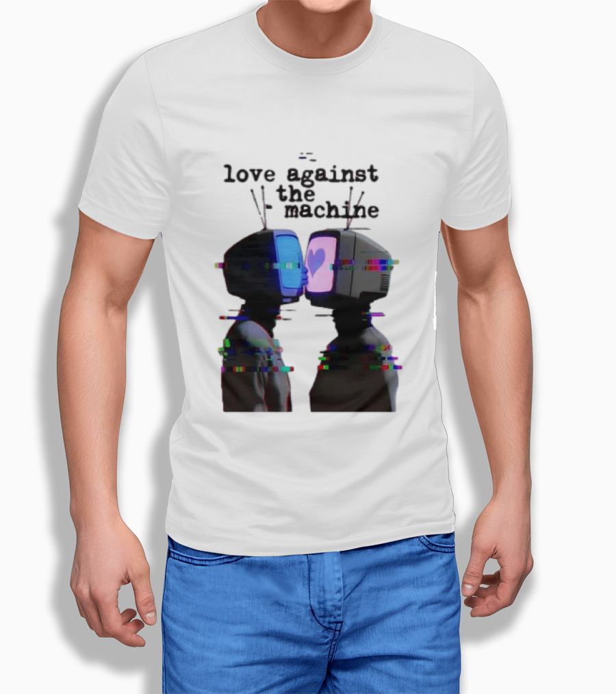 Love Against The Machine Two Television Heads Kissing Glitch Heart T-Shirt