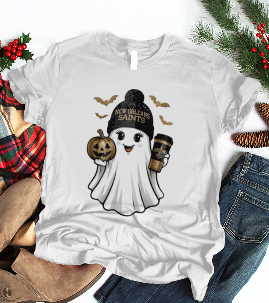 New Orleans Saints Ghost Beanie Pumpkin Coffee Halloween T-Shirt