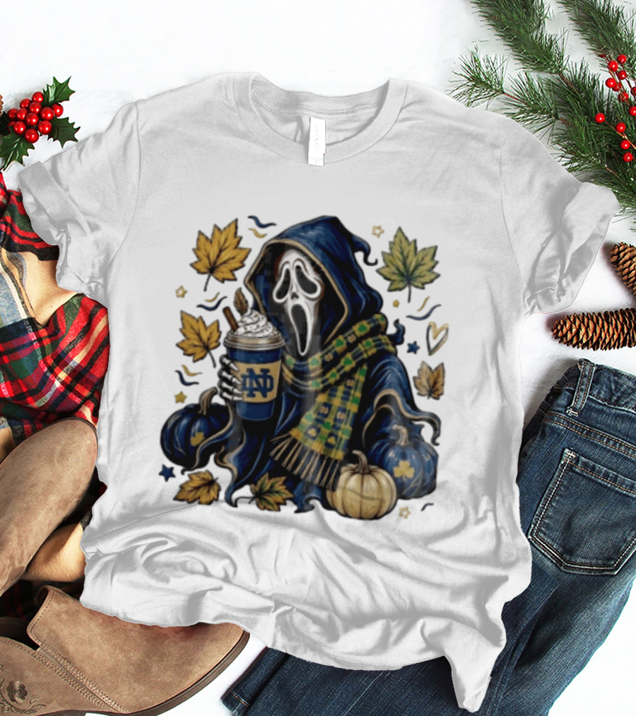 Notre Dame Ghostface Holding Coffee Autumn Leaves Pumpkins T-Shirt