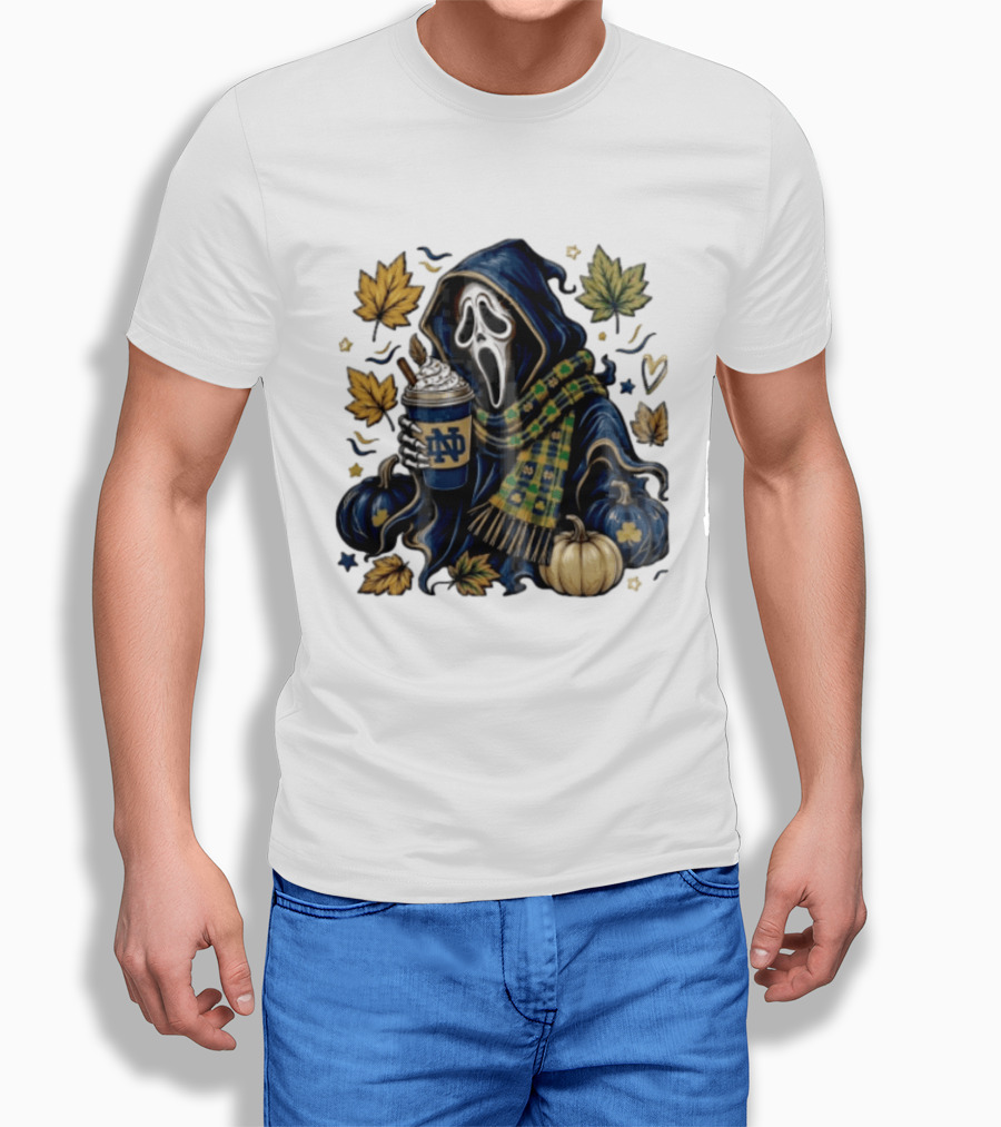 Notre Dame Ghostface Holding Coffee Autumn Leaves Pumpkins T-Shirt