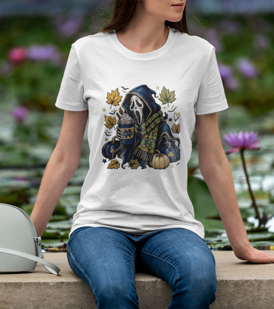 Notre Dame Ghostface Holding Coffee Autumn Leaves Pumpkins T-Shirt