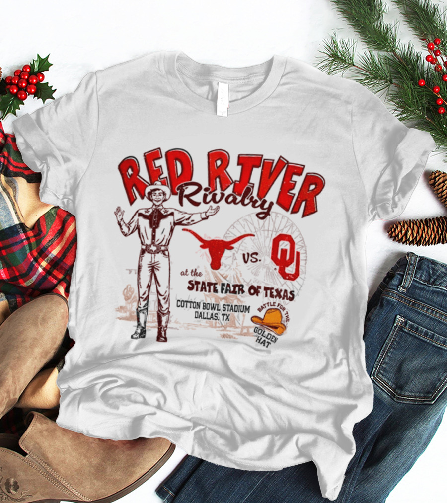 Red River Rivalry Texas Longhorns Vs Oklahoma Sooners State Fair Of Texas Vintage Cowboy Ferris Wheel Iconic Showdown T-Shirt