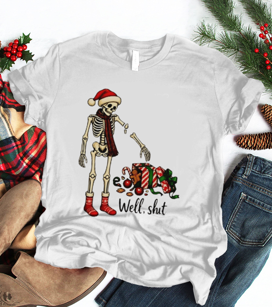 Well Shit Christmas Skeleton Gingerbread Man Santa Hat T-Shirt