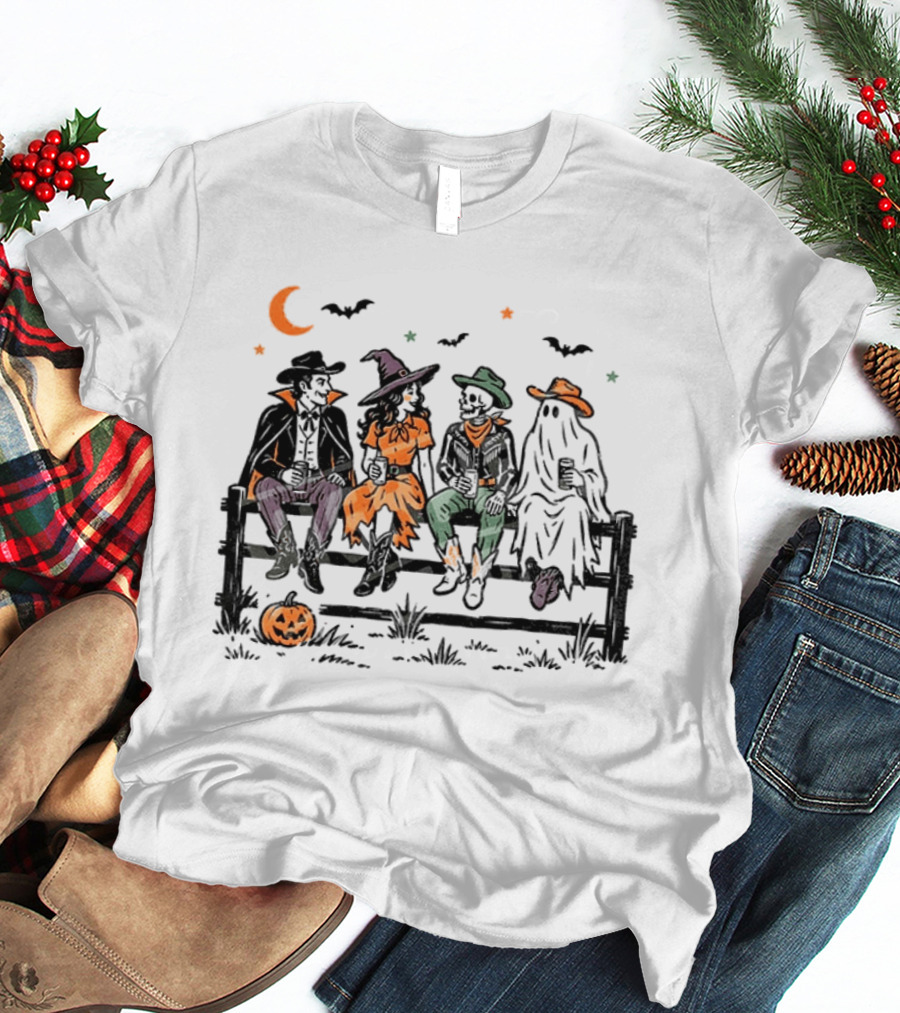 Witch Skeleton Ghost Vampire Western Halloween Scene With Pumpkins And Bats T-Shirt