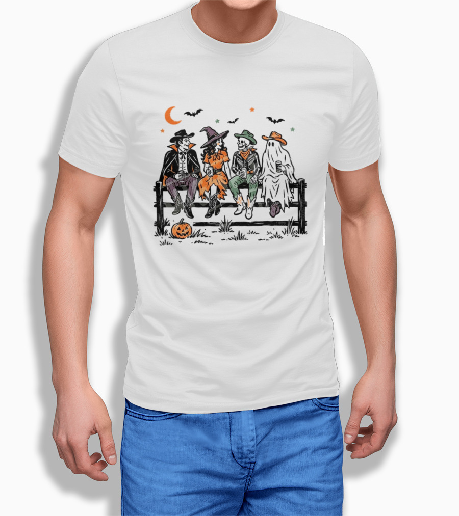 Witch Skeleton Ghost Vampire Western Halloween Scene With Pumpkins And Bats T-Shirt