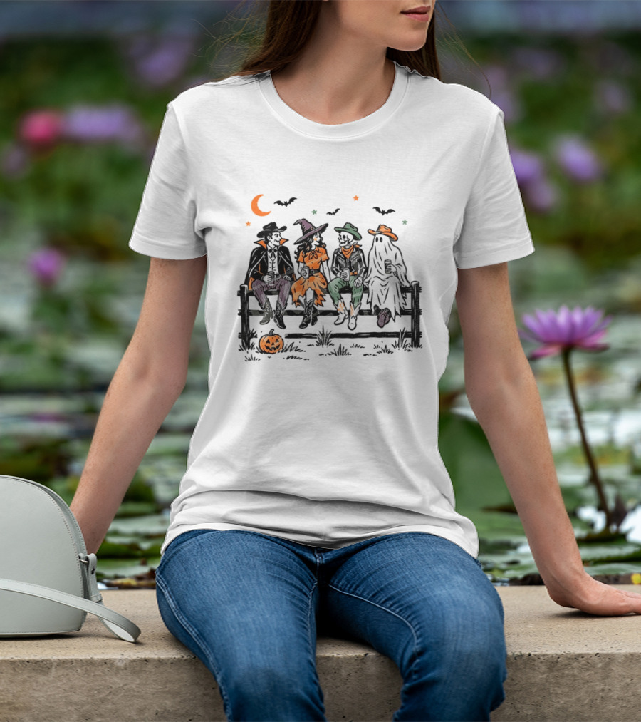 Witch Skeleton Ghost Vampire Western Halloween Scene With Pumpkins And Bats T-Shirt