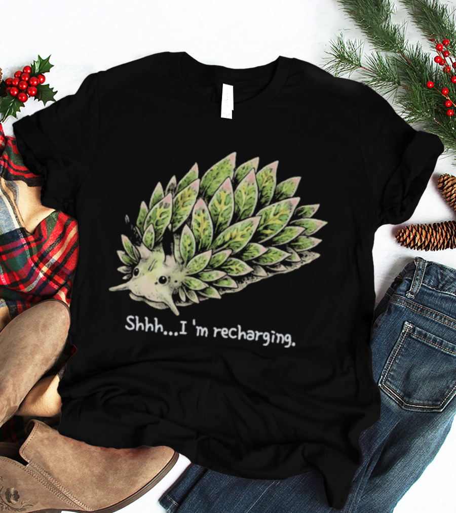 Leaf Sheep Sea Slug Shhh I'm Recharging Green Pink Cute Sea Creature T-Shirt
