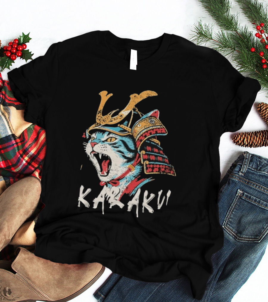 Karaku Distressed Samurai Cat With Helmet And Snarling Expression T-Shirt