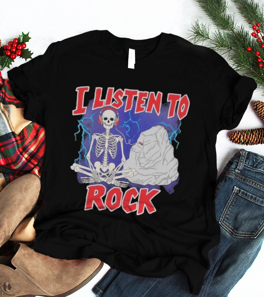 I Listen To Rock Skeleton Headphones Music T-Shirt