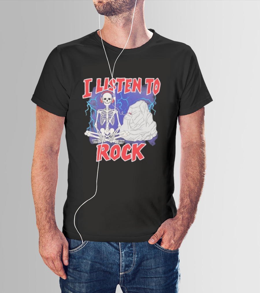 I Listen To Rock Skeleton Headphones Music T-Shirt