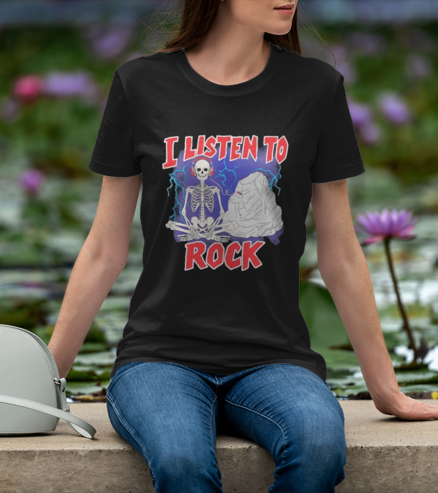 I Listen To Rock Skeleton Headphones Music T-Shirt
