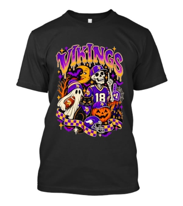 Vikings Halloween Skeleton Football 18 With Ghost Cat And Pumpkins T-Shirt