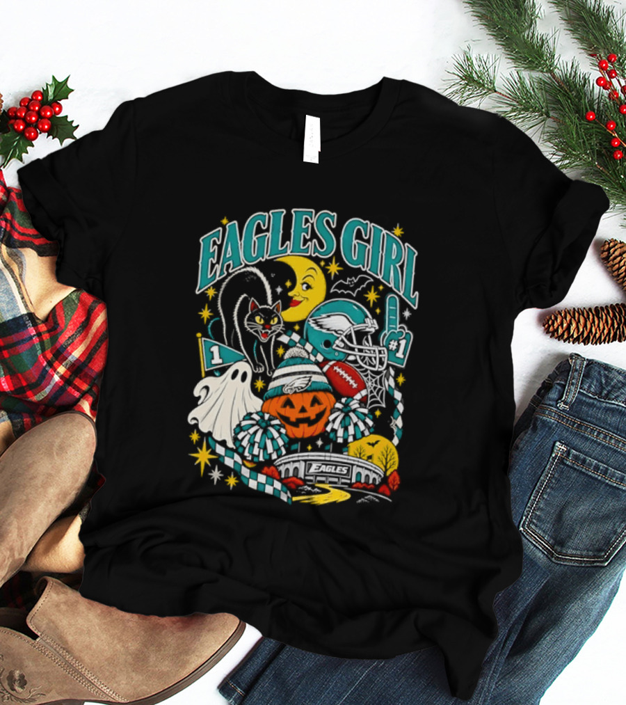 Eagles Girl Halloween Football Moon Cat Pumpkin Stadium T-Shirt
