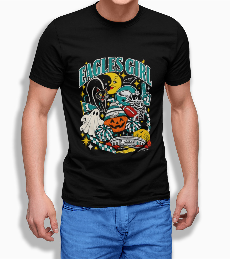 Eagles Girl Halloween Football Moon Cat Pumpkin Stadium T-Shirt