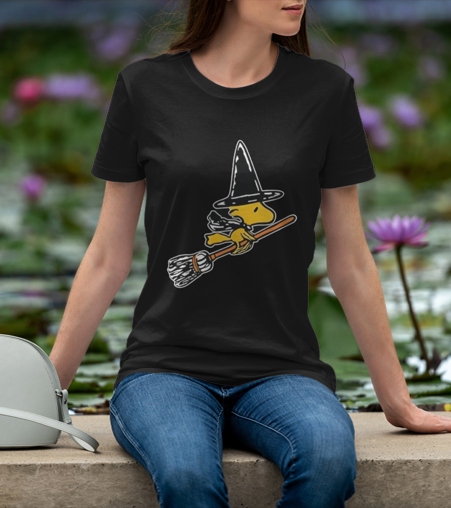 Woodstock Peanuts Halloween Witch Flying On Broomstick T-Shirt