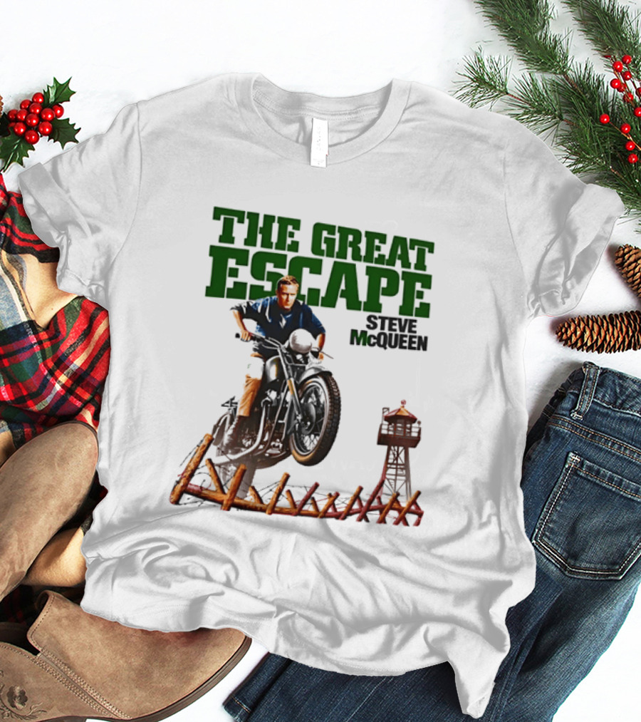 The Great Escape Steve McQueen Motorcycle Jump Classic Movie Scene T-Shirt